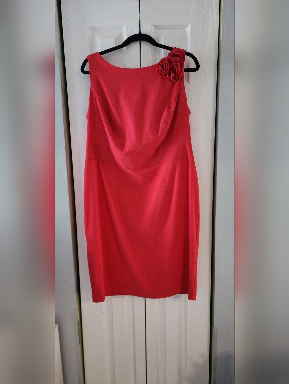 Dress Barn Coral-Red One-Shoulder Midi Dress with Rosette Detail